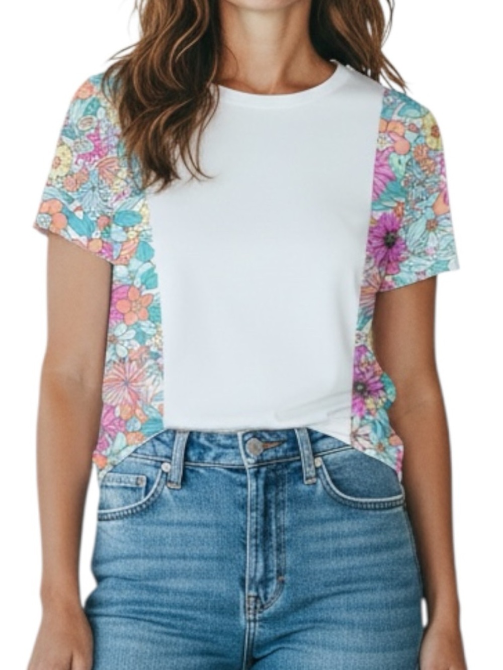 White Color Block Pink Blue Floral Patchwork Short Sleeve T-Shirt